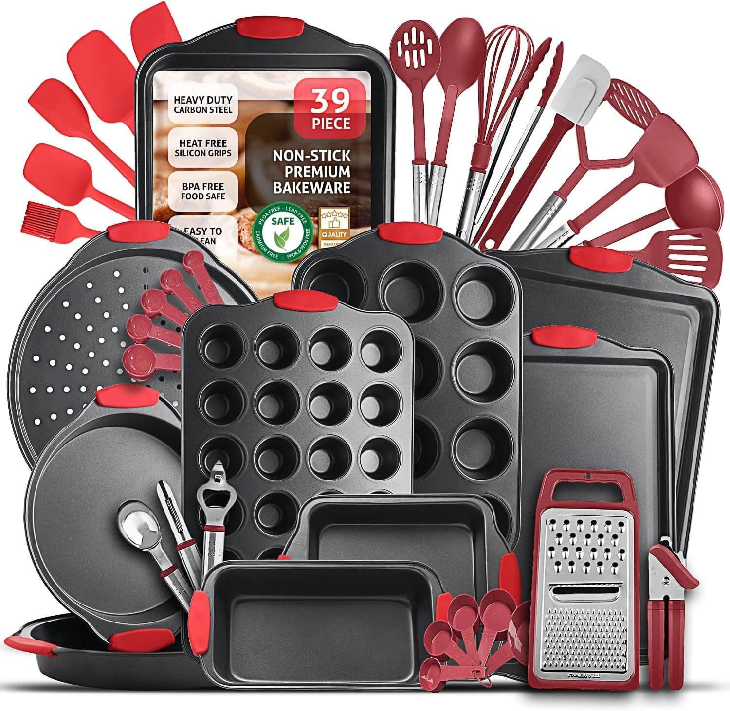 Baking Pan Set, 39 Piece Premium Baking Set, Nonstick Bakeware Sets BPA Free, Cookie Sheets for Baking Nonstick Set, Steel Baking Sheets for Oven with Muffin Pan, Cake Pan  Red Kitchen Utensils