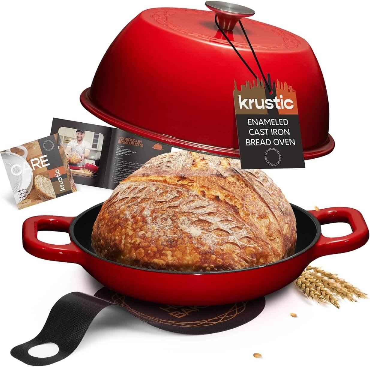 Enameled Cast Iron Dutch Oven for Sourdough Bread Baking | 6 Quart Pot with Lid | 10 Inch Ceramic Enamel Thick Coated Cookware Set with Non Stick Silicone Baking Mat for Cooking | 6 Qt | Red