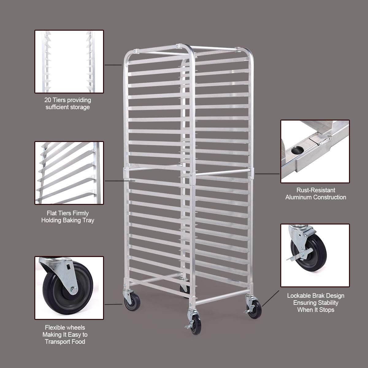 Sandinrayli Bakery Rack 20-Tier Commercial Kitchen Bun Pan Sheet Aluminum Pan Rack