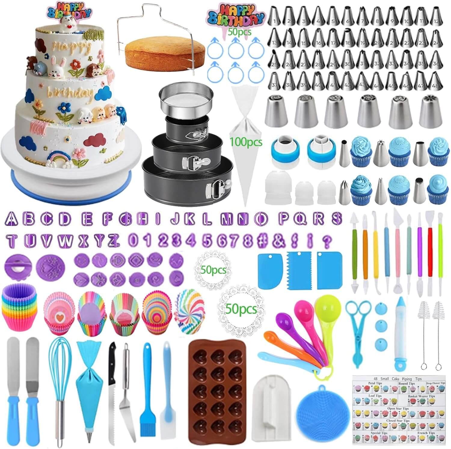 Suuker Cake Decorating Supplies Kit, 623 PCS Baking Kit, Baking Supplies, Cake Decorating Kit with Pattern Chart Cake Turntable Tin Piping Tips，Baking Decorating Kit for Beginners and baking lovers