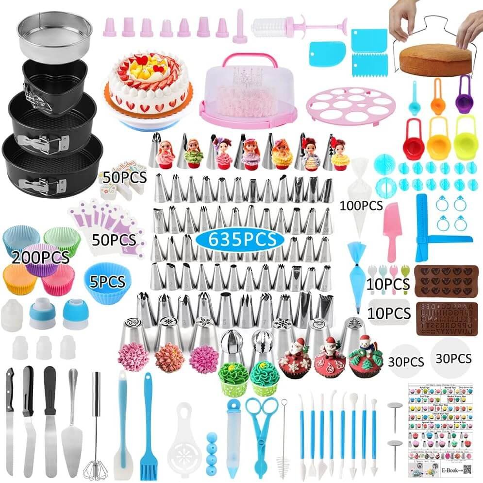 cake decorating kit635 pcs decorating supplies with 3 springform pan sets icing nozzles rotating turntable cake topper p